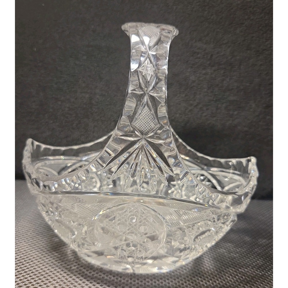 Vintage Hand Cut Lead Crystal Basket 8" Starburst Bohemian Bridal Basket